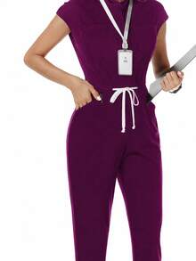 TaskEZ Mono uniforme de enfermería de unicolor con manga corta, bolsillo y cintura con cordón - Morado - Ver 3