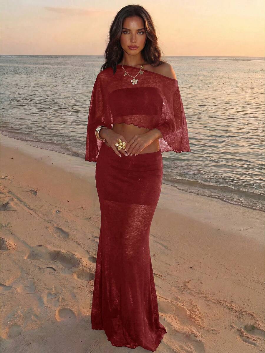Aloruh 女款度假海灘純色短版上衣與美人魚裙兩件套 - 紅色 - 查看 1