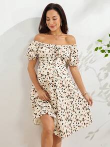 SHEIN Maternity All-Over Print Front Tie Short Sleeve Casual Dress - Multicolor - View 2