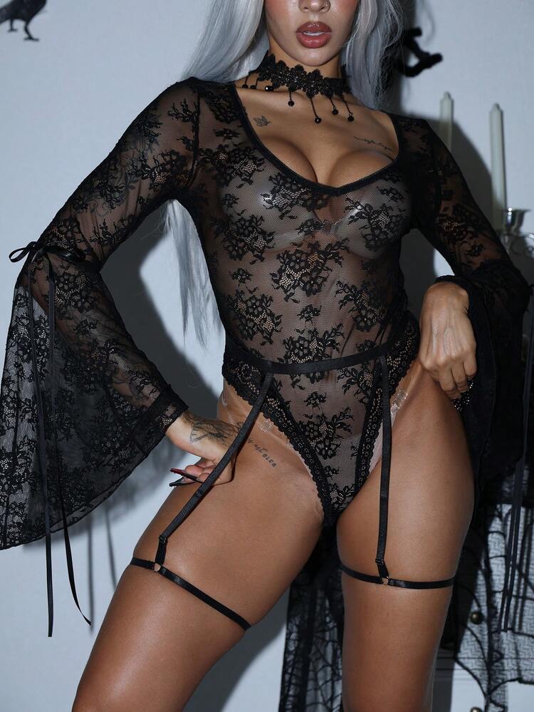 AltCore/2pcs Gothic Style Sheer Lace Bell Sleeve Bow Garter Sexy Jumpsuit For Women - Black - View 4