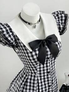 Elamini 女款秋冬復古休閒時尚百搭日常通勤派對黑白格紋蝴蝶結裝飾蕾絲飾邊拼接荷葉袖收腰A字迷你洋裝 - 彩色 - 查看 1