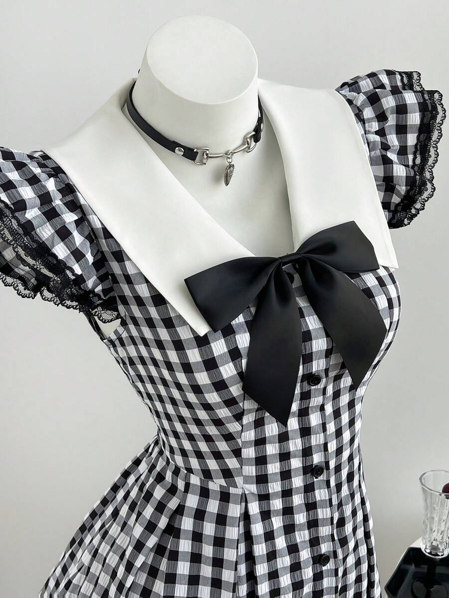 Elamini 女款秋冬復古休閒時尚百搭日常通勤派對黑白格紋蝴蝶結裝飾蕾絲飾邊拼接荷葉袖收腰A字迷你洋裝 - 彩色 - 查看 1