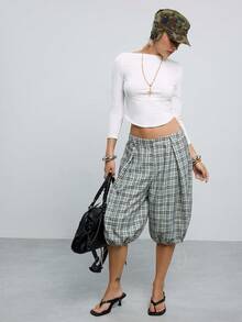 COUREZ Low Rise Balloon Cropped Parachute Trousers Adjustable Hem Y2K Casual Old Money 70's Inspired Capris For Women Summer Everyday Formal Work Grey Plaid - Multicolor - View 7
