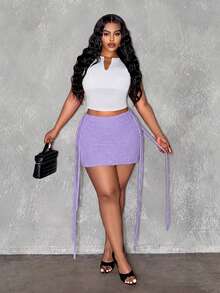 Slaydiva Minifalda de punto de unicolor casual y versátil para uso diario para mujer de talla grande - Morado - Ver 4