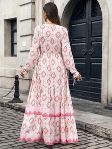 SHEIN Floral Print Knot Front Flounce Sleeve Ruffle Hem Maxi Dress For New Year Clothes - Pink - View 2