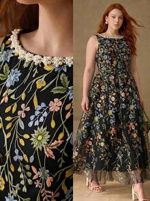 MOTF PREMIUM VESTIDO DE TALLA GRANDE PARA MUJERES PRIMAVERA/VERANO CON CUELLO REDONDO SIN MANGAS DE MALLA BORDADA DE LARGO MEDIO PARA USO DIARIO Y CITAS - Multicolor - Ver 3