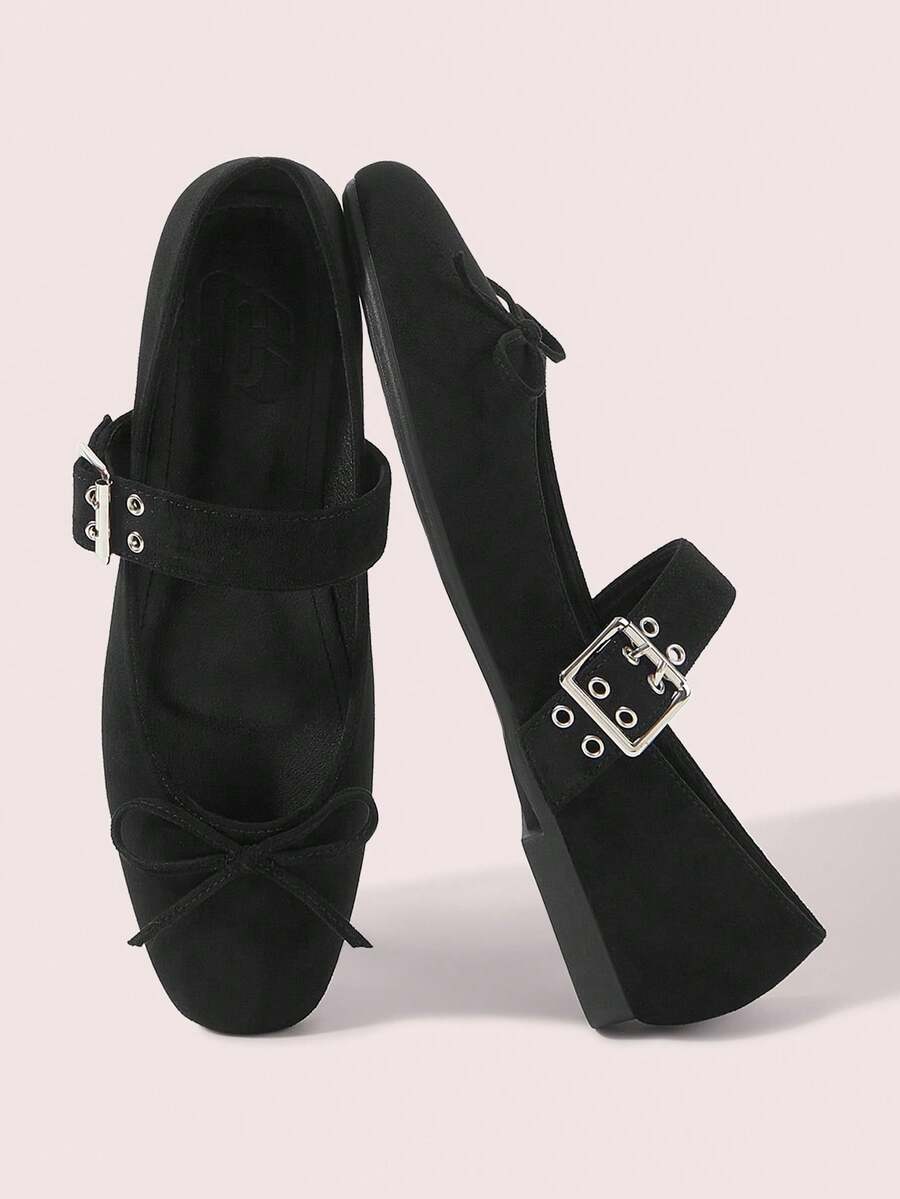CUCCOO DOLLMOD Women's Shoes Spring And Summer Versatile Bow Buckle Small Square Toe Flat Heel Suede Mary Jane Shoes Commuter Casual Wear - Black - View 1