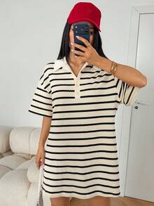 SHEIN PETITE Women's Minimalist Casual Striped Color Block Button Half-Placket Short Sleeve Dress Back-To-School School Black And White Striped Summer - White - View 5