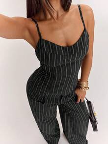 SHEIN BAE 女款條紋修身休閒細肩帶背心 - 黑色 - 查看 7