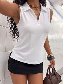 StreetHx 女士运动瑜伽户外健身翻领无袖半拉链侧开衩 Polo 衫 - 白色 - 查看 6