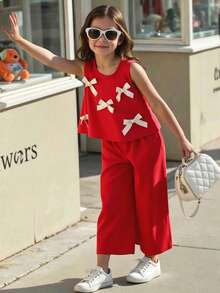 SHEIN Elladie kids 2pcs/Set Girls Toddler Fashion Cute 3D Bowknot Sleeveless Tank Top Cropped Pants Set, Versatile For Daily Wear, Vacation, Outings, Spring/Summer New - Red - View 1