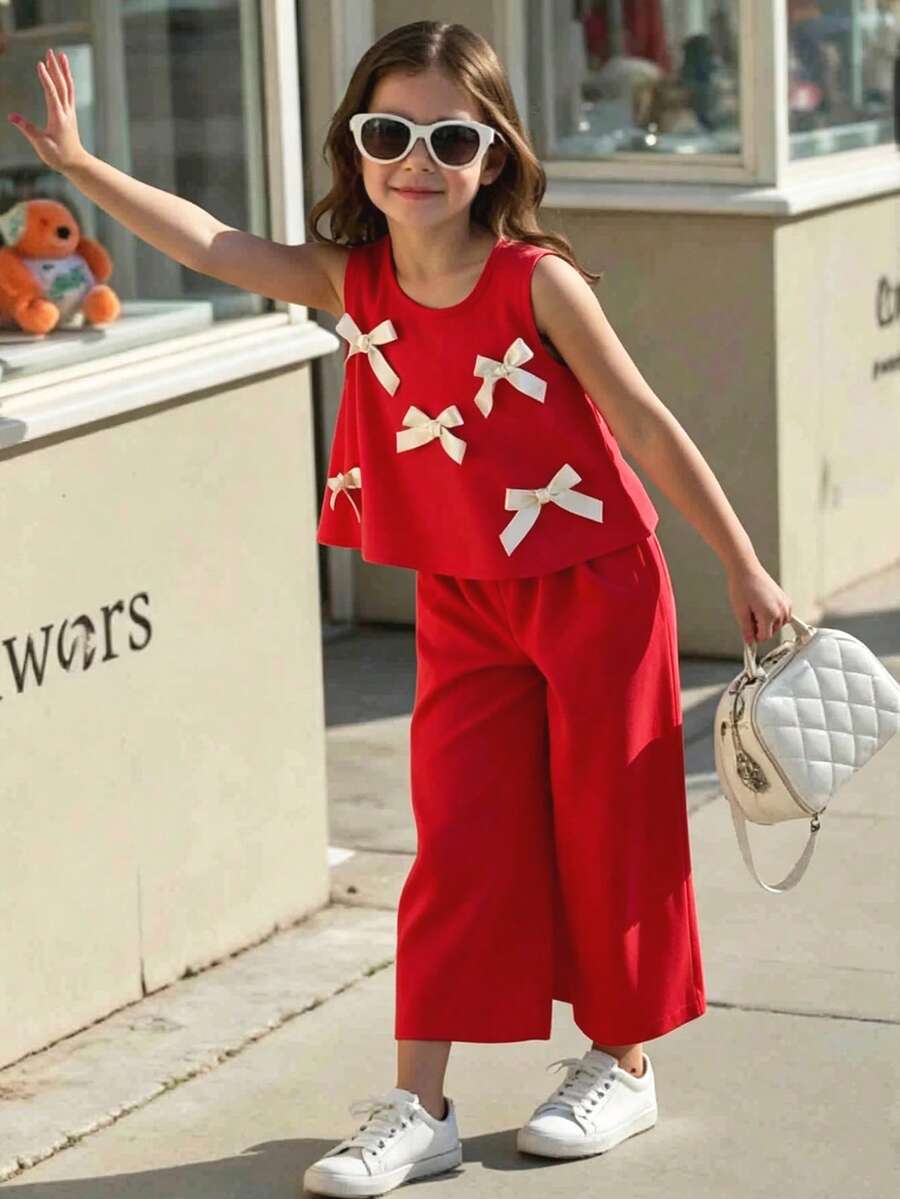 SHEIN Elladie kids 2pcs/Set Girls Toddler Fashion Cute 3D Bowknot Sleeveless Tank Top Cropped Pants Set, Versatile For Daily Wear, Vacation, Outings, Spring/Summer New - Red - View 1