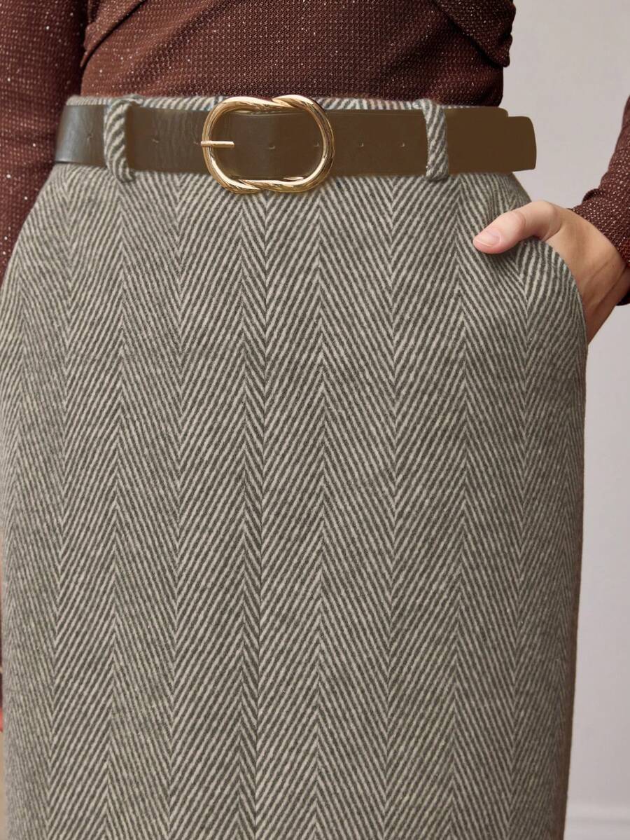 MOTF PREMIUM PLUS SIZE WOMEN'S WOOL HERRINGBONE SPLIT THIGH BELTED SKIRT WINTER - Apricot - View 2