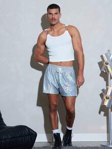 FeverCity Men's Drawstring Waist Laser Side Zipper Design Shorts - Silver - View 5