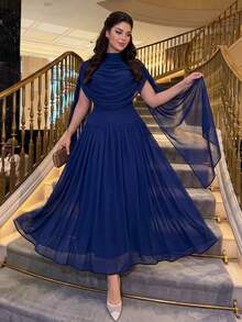 SHEIN Lady CURVE Plus Size Elegant Party Solid Color Ruched Dress Summer - Blue - View 3