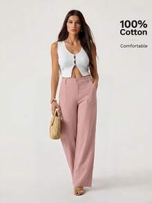 SHEIN Tall 100 Washed Cotton Low Waist Straight Pants Vacation Dusty Pink Summer Casual - Pink - View 6