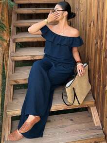 Dazy Plus Spring/Summer Vacation Style Cropped Camisole Top With Ruffle Hem And Casual Long Pants, Plus Size Women's 2-Piece Set - Royal Blue - View 1
