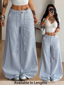 SHEIN Tall CURVE 大码女式夏季休闲条纹印花宽松低腰直筒裤，女式高腰阔腿条纹裤 - 彩色 - 查看 3