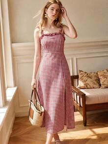 Écloséra French-Style Casual Vacation Dress: Red Plaid, Ruffled, Spaghetti-Strap Dress-Perfect For Holidays And Outings; Features A Waist-Cinching Design. - Red - View 4