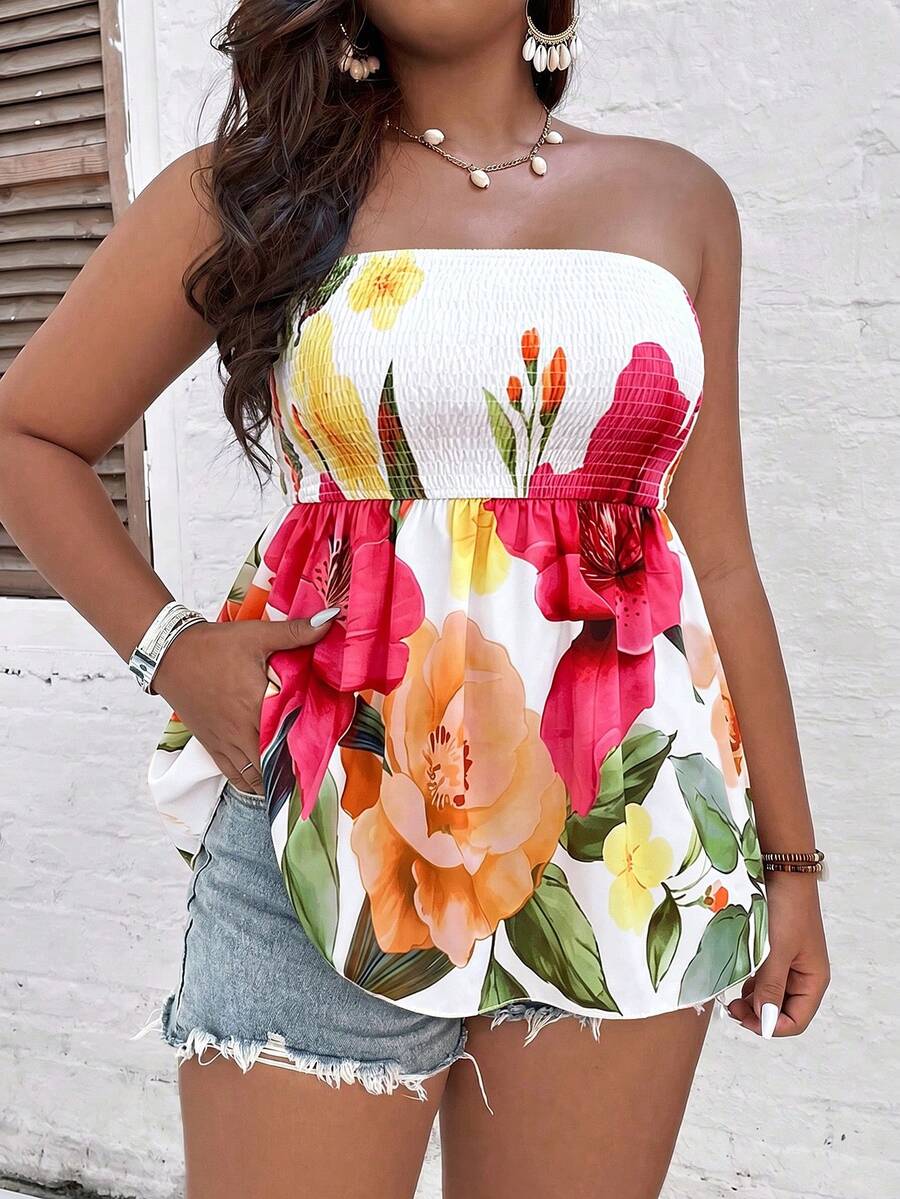 Breezaya Plus Size Versatile High-End Positioning Print Floral Women's Top - White - View 1