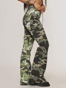 MUSERA Green Camo Denim Contrast Lace Up Flared Jeans - Green - View 3