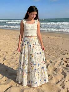 SHEIN Sparklyn Teen Girls Autumn Clothes Multi-Color Ditsy Floral Skirt, Elastic Waist A-Line Full, Ruffle, Ruched, Boho Casual, Lace Formal Party White - Multicolor - View 5