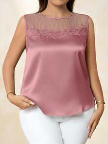 Chikora Plus Size Fashionable Elegant Mesh Patchwork Sleeveless Tank Top, Going Out Tops - Coral Pink - View 3