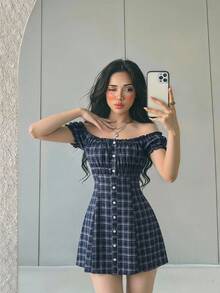 Sweetina Academy Style Off-Shoulder Petal Sleeve Mini Dress For Women - Navy Blue - View 6