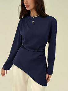 Aloruh Women's Casual Design Asymmetric Hem Long Sleeve Boat Neck Blouse, Versatile Elegant Navy Blue Shirt For Daily Commute And Outings Work Autumn - Navy Blue - View 7