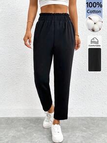 SHEIN PETITE 純色荷葉邊飾彈性腰短版褲，小碼女款 - 黑色 - 查看 6