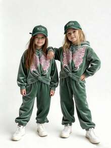 SHEIN Elladie kids 女小童蝴蝶貼布扭結下擺連帽衫和運動褲 - 綠色 - 查看 4