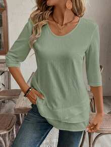EMERY ROSE Blusa blanca de cuello en V para mujer con diseño de dobladillo patchwork - Verde - View 5
