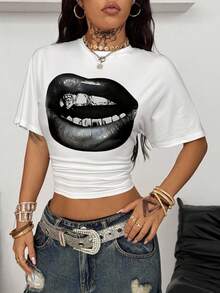 Coolane Camiseta de mujer de cuello redondo con estampado de labios, plisada, casual y versátil para uso diario - Blanco - Ver 3
