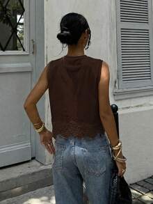 Siren Gaze Spring/Summer New Solid Color Lace Patchwork Round Neck Camisole For Women,Summer Top - Coffee Brown - View 2