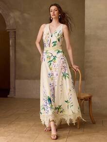 MOTF PREMIUM VESTIDO CON CUELLO EN V ESTAMPADO FLORAL Y ENCAJE EN CONTRASTE - Albaricoque - Ver 4