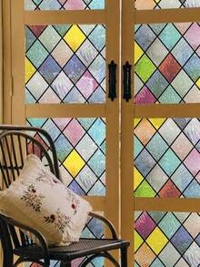 1 Roll Retro Diamond Window Decorative Privacy Film, Rainbow Grid Pattern, Non-Adhesive UV Blocking Static Cling Window Film, Suitable For Home Decor - multicolor - View 8