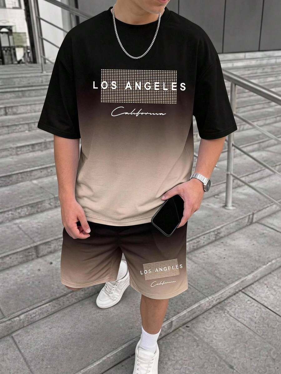 2件組男孩夏季休閒服裝套裝,加州洛杉磯格紋黑卡其漸層圖案字母標語印花T恤與短褲,日常穿著 - 彩色 - 查看 1