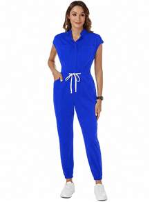 TaskEZ Drawstring Waist Scrub Uniform Jumpsuit - Royal Blue - View 6