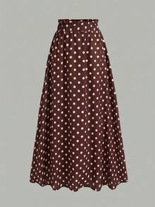 SHEIN Girlism Tween女孩休閒日常百搭舒適修身波點緞面長裙 - 咖啡棕 - 查看 4
