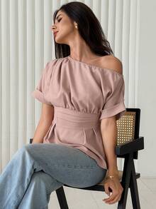 DAZY Spring Summer Casual Romantic Elegant Asymmetric Shoulder Waist-Cinching Women's Blouse School Dinner Office Date Night Dusty Pink - Pink - View 7