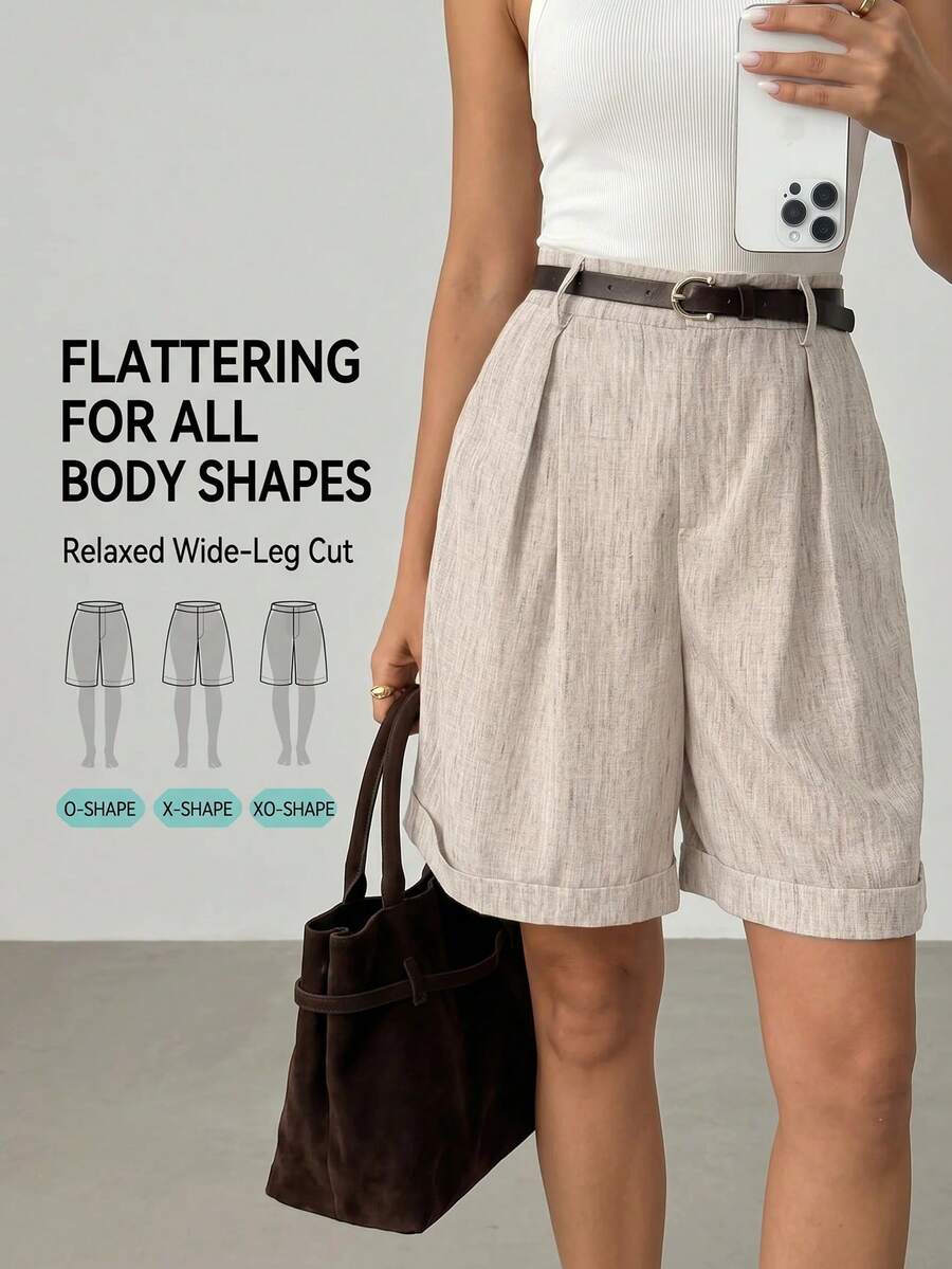 SHEIN LUNE 女款休閒夏季日常通勤上班腰帶短褲 - 卡其色 - 查看 1