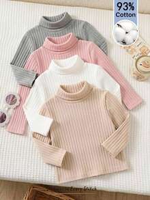 Cozy Pixies Baby Girl Solid Color Knit Soft Round Neck Long Sleeve Ruffle Hem Pullover Autumn Top 4pcs -Piece Set Versatile Comfortable - Multicolor - View 3