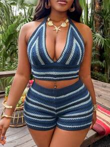 Slaydiva Plus Size Colorful Bikini Cover-Up Set, Vacation Style - Blue - View 1