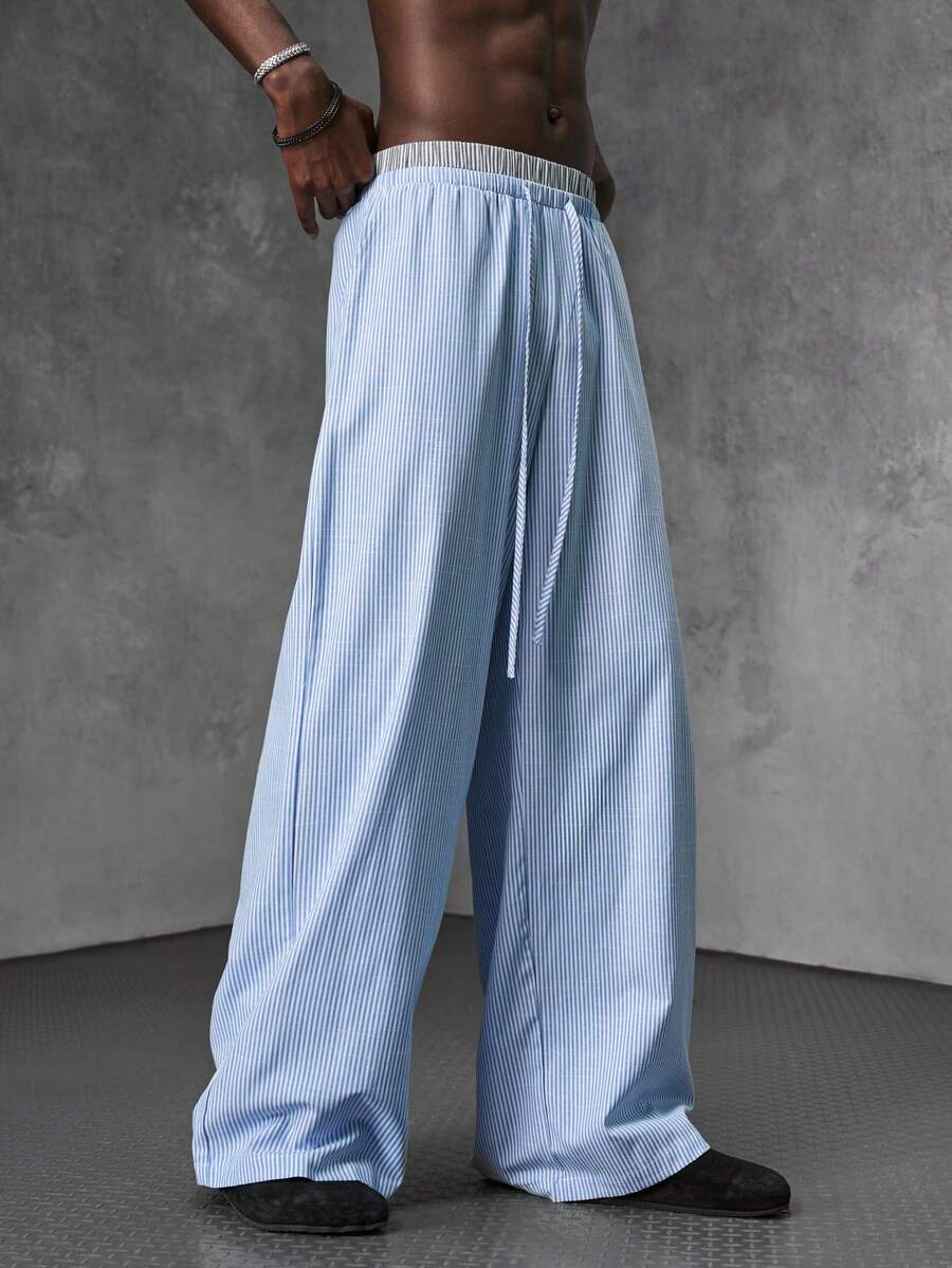 NEON BLANC Men's Slate Blue Wide Leg Pants, Drawstring Waist Loose Fit Streetwear - Blue and White - View 1