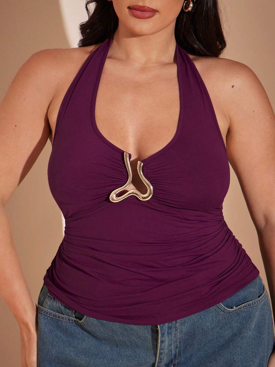 SHEIN BAE CURVE 大尺碼女款紫色金屬扣細肩帶背心上衣,修身款 - 紫色 - 查看 1