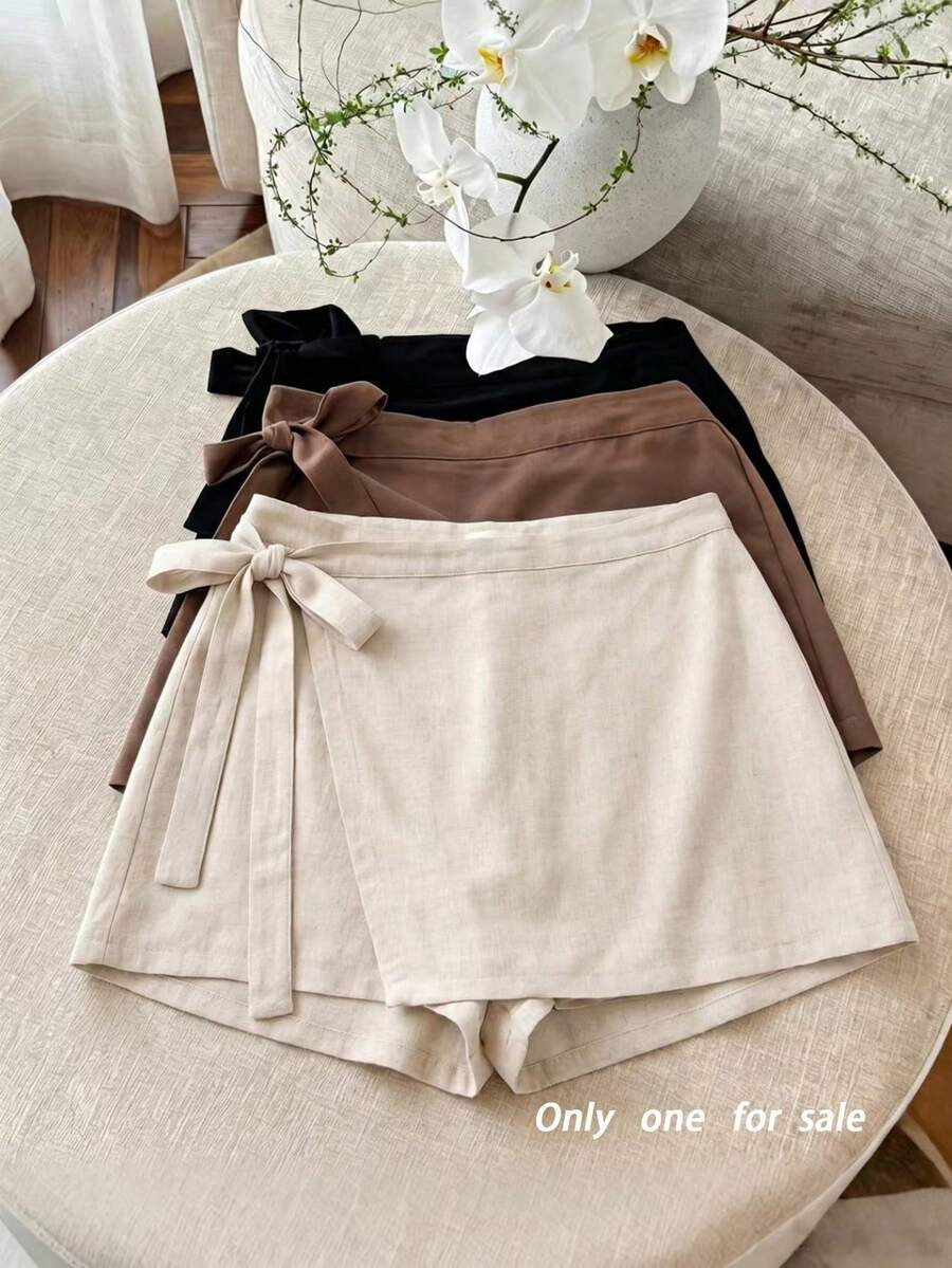 GlowEve CURVE Shorts de talla grande con textura de lino color crema, envolvente con lazo y anti-exposición - Albaricoque - Ver 1