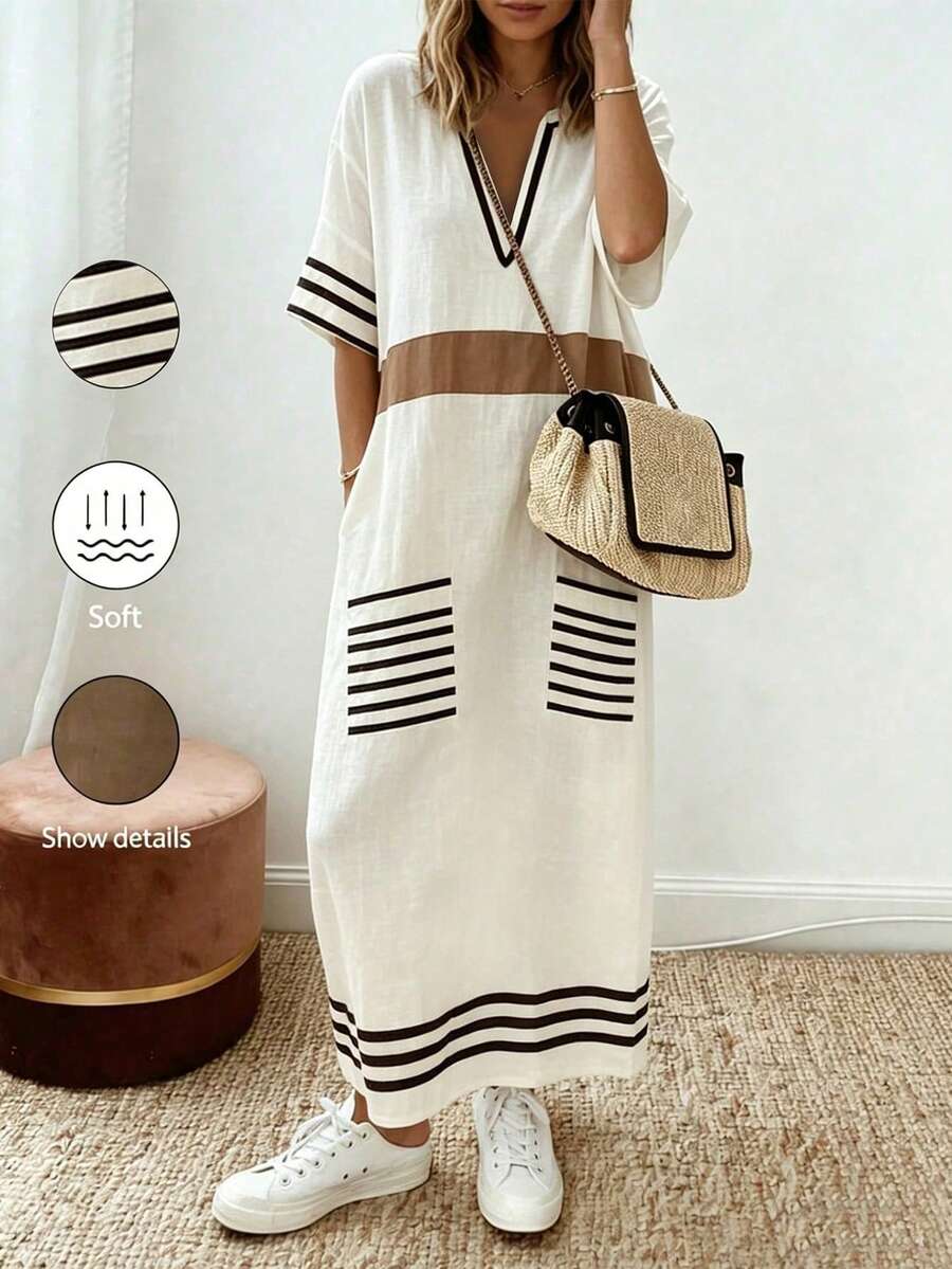 SHEIN Holidaya A字条纹休闲短袖女式连衣裙，春夏女式连衣裙，度假，外出，Y2K风格，春季，夏季，返校季，休闲，海滩，商务，百搭，杏色休闲长裙，条纹宽松女式连衣裙