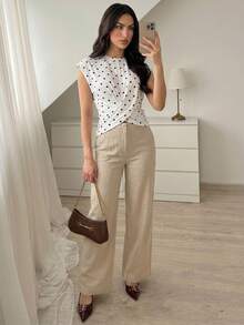 SHEIN Elenzya 女款優雅素色交叉領T恤，夏季圓點休閒度假簡約百搭 - 黑與白 - 查看 5