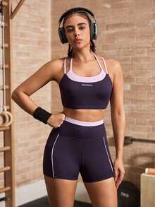 Powerista 女款簡約日常運動套裝 紫色與粉色拼接時尚運動套裝 內衣式上衣 跑步健身 夏季休閒健身房運動 假分層設計 - 紫色 - 查看 11
