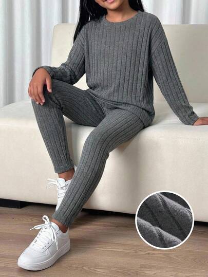 SHEIN Ensemble automne/hiver pour fille pré-ado, style français, t-shirt en maille côtelée à épaules tombantes et leggings, ensemble 2 pièces, tissu texturé, tenue confortable automne/hiver pour filles, style décontracté printemps/automne/hiver